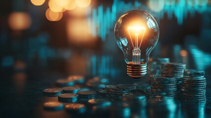 Aufkleber - Innovative illustration of a glowing light bulb above coins and a rising business graph