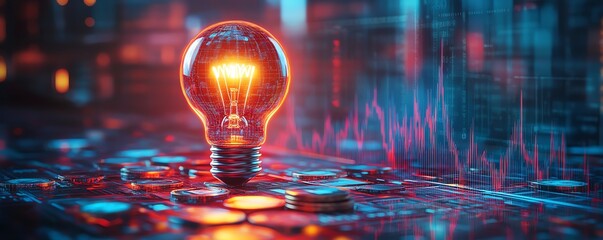 Aufkleber - Futuristic and artistic illustration of a glowing light bulb above coins and a rising graph