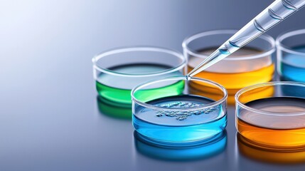 Poster - A laboratory scene featuring colorful liquids in petri dishes, with a pipette delicately transferring a drop into one of the blue dishes, Green Technology.