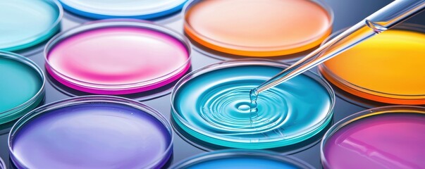 Poster - A close-up view of colorful petri dishes filled with liquids, highlighting a drop being added, showcasing a vibrant scientific experiment, Green Technology.