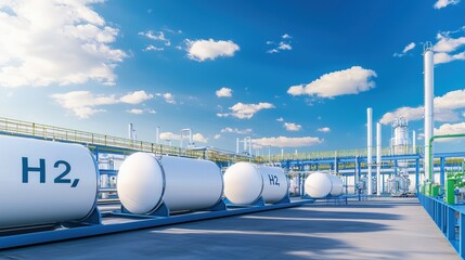 Poster - A modern industrial facility featuring hydrogen storage tanks under a clear blue sky, emphasizing clean energy and technological advancement, Green Technology.