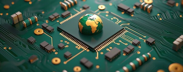 Poster - A close-up view of a green circuit board featuring a globe, symbolizing technology's connection to the world, Green Technology.