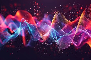 Poster - Vibrant digital particles wave on dark background symbolizing digital data, communication technology, and the internet