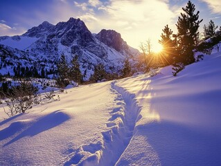 Poster - Snow Covered Mountain Path at Sunset