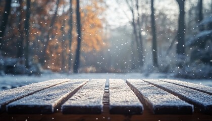 Aufkleber - Snow Covered Wooden Bench in a Sunlit Winter Forest