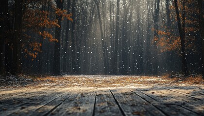 Aufkleber - Snow Falling on a Wooden Path Through a Winter Forest