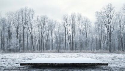 Aufkleber - Snowy Winter Forest Landscape with a Dark Wooden Platform