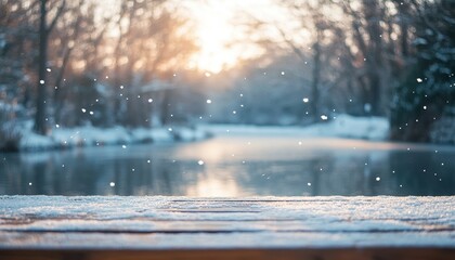 Aufkleber - Snowy Winter Landscape with Frozen Pond and Sunset