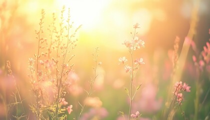 Poster - Soft Pink Flowers in a Sunlit Field at Sunset
