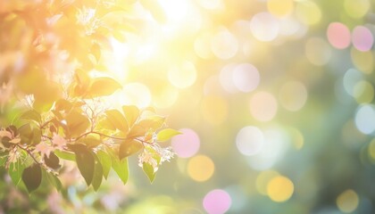 Poster - Soft Sunlight Illuminating Delicate Pink And White Blossoms On Green Branches