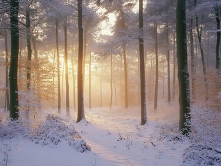 Aufkleber - Sunlit Path Through Snowy Winter Forest
