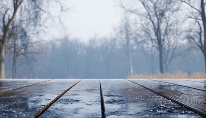 Poster - Wet Wooden Path Through Foggy Winter Park