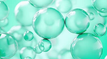 Poster - A close-up image of transparent bubbles floating against a soft green background, creating a serene and refreshing atmosphere, Green Technology.