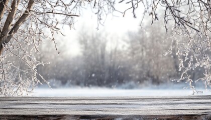 Aufkleber - Winter Landscape with Frost Covered Branches and Wooden Tabletop