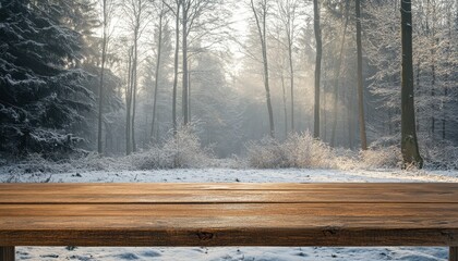 Poster - Wooden Table in Snowy Winter Forest at Sunrise