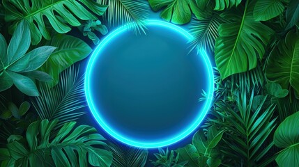 Poster - A vibrant circular frame surrounded by lush green foliage, illuminated by a glowing blue outline, perfect for a tropical or nature-themed design, Green Technology.