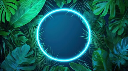 Poster - A vibrant arrangement of tropical leaves surrounds a glowing blue circular frame, creating a fresh and lively atmosphere, Green Technology.