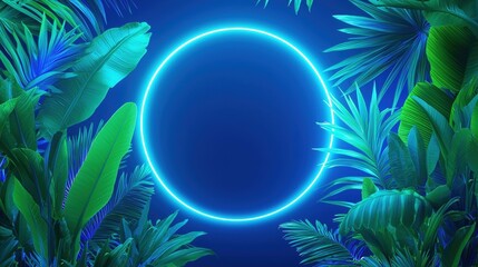 Poster - A vibrant, neon-lit circle surrounded by lush tropical foliage against a deep blue background, Green Technology.