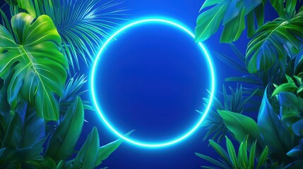 Poster - A vibrant blue neon circle is surrounded by lush green tropical leaves, creating a striking contrast between nature and modern design, Green Technology.