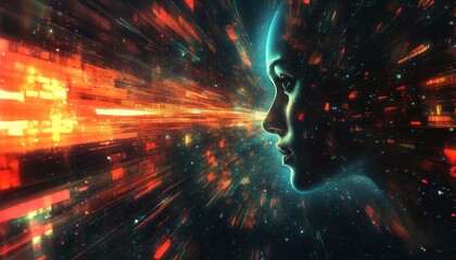 Poster - Abstract Digital Art of a Glowing Head in a Red and Blue Data Tunnel