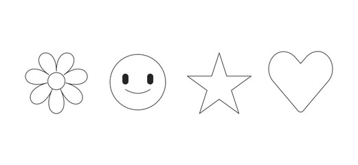 Poster - Positive symbols 2D line objects set. Happiness, love and positivity. Emoticon smile, daisy flower, star, heart isolated cliparts vector ink outline items. Monochrome spot illustrations collection