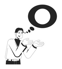 Poster - Frustrated korean man gesturing with thought bubble circle 2D line character. Thinking, mental conflict. Asian guy problem solving isolated vector ink outline person. Monochromatic spot illustration