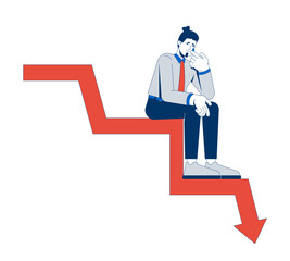 Poster - Distressed businessman sitting on declining arrow chart 2D illustration concept. Financial loss, economic downturn. Man wiping tear cartoon character isolated on white. Flat abstract vector graphic