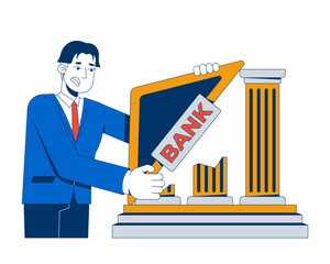 Poster - Bank collapse 2D illustration concept. Economic crisis. Institution banking intervention. Banker trying to hold up crumbling structure cartoon character isolated on white. Flat abstract vector graphic