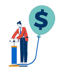 Poster - Financial bubble 2D illustration concept. Inflation. Currency devaluation. Business man pumping air into balloon with dollar sign cartoon character isolated on white. Flat abstract vector graphic