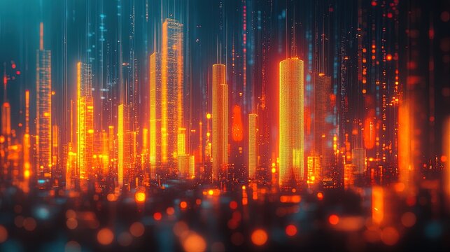 A creative bar chart where each bar is a glowing skyscraper, symbolizing growth
