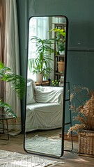 Poster - A bright living area showcases a tall mirror reflecting a serene space filled with plants and a comfortable seating arrangement