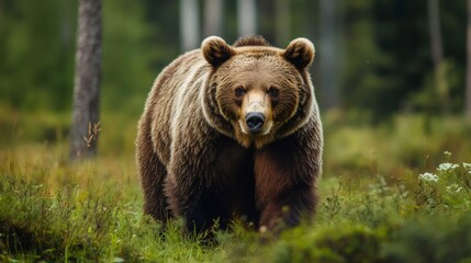 Wall Mural - brown bear walking in green forest, majestic wildlife encounter