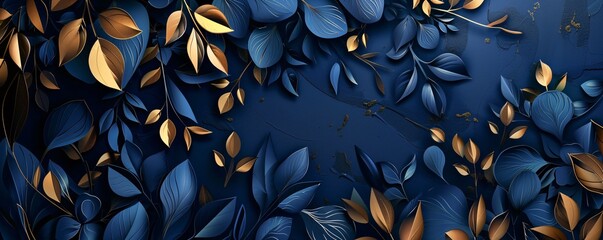Aufkleber - Elegant floral background with golden and blue leaves