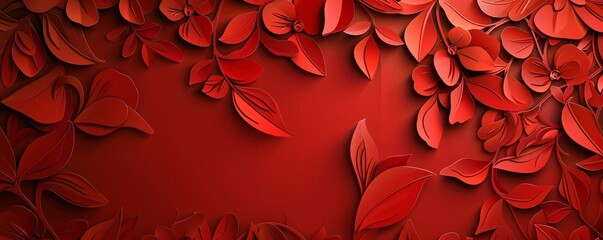 Aufkleber - Red floral background with paper cut flowers and leaves creating a romantic frame