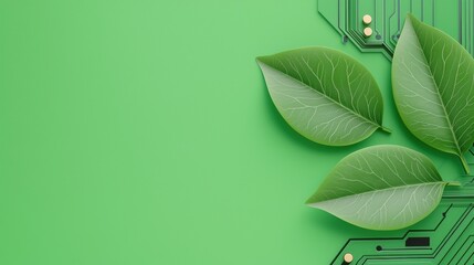Poster - a vibrant green background features fresh leaves intertwined with circuit patterns, symbolizing the 