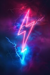 Aufkleber - Glowing neon lightning bolt sign set against a dramatic stormy sky