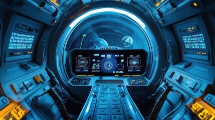 Poster - A futuristic spacecraft cockpit provides a view of outer space and planets