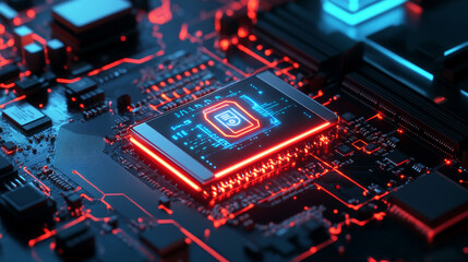 Poster - 3D Illustration: Advanced Mobile Microprocessor Connecting with a Motherboard and Activates entire System. AI Letters on Chip Glowing. Energy Pulse Expanding after CPU Connected to Socket.