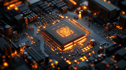 Poster - 3D Illustration: Advanced Mobile Microprocessor Connecting with a Motherboard and Activates entire System. AI Letters on Chip Glowing. Energy Pulse Expanding after CPU Connected to Socket.