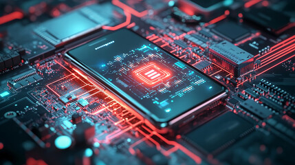 Poster - 3D Illustration: Advanced Mobile Microprocessor Connecting with a Motherboard and Activates entire System. AI Letters on Chip Glowing. Energy Pulse Expanding after CPU Connected to Socket.