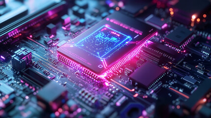 Poster - 3D Illustration: Advanced Mobile Microprocessor Connecting with a Motherboard and Activates entire System. AI Letters on Chip Glowing. Energy Pulse Expanding after CPU Connected to Socket.