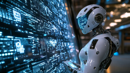 Poster - Isometric artificial intelligence robot helps in working with the database concept. Artificial intelligence provide access to information