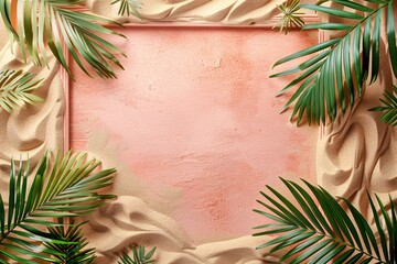 Aufkleber - Pink background framed with sand and palm leaves creating a summer composition