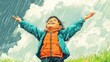 © designhutt - Stylized illustration of a happy child celebrating nature under a rainy sky with white clouds