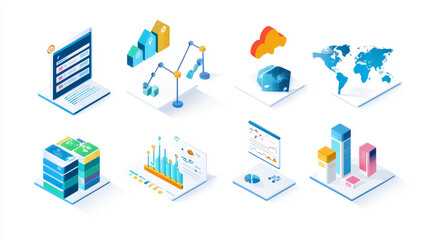 Poster - Flat 3d isometric infographic for your business presentations. Big set of infographics with data icons, world map charts and design elements.