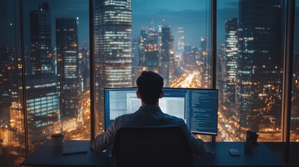 Man working on computer with city view, a modern workspace concept