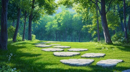 Wall Mural - a serene pathway of stone steps winds through a lush, green forest, surrounded by vibrant trees and 
