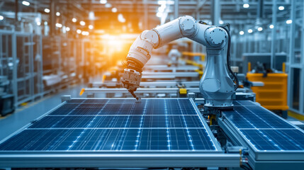 Poster - Orange Industrial Robot Arm at Production Line at Modern Bright Factory. Solar Panels are being Assembled on Conveyor. Automated Manufacturing Facility