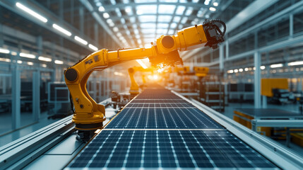 Poster - Orange Industrial Robot Arm at Production Line at Modern Bright Factory. Solar Panels are being Assembled on Conveyor. Automated Manufacturing Facility