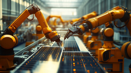 Poster - Large Production Line with White Industrial Robot Arms at Modern Bright Factory. Solar Panels are being Assembled on Conveyor. Automated Manufacturing Facility.